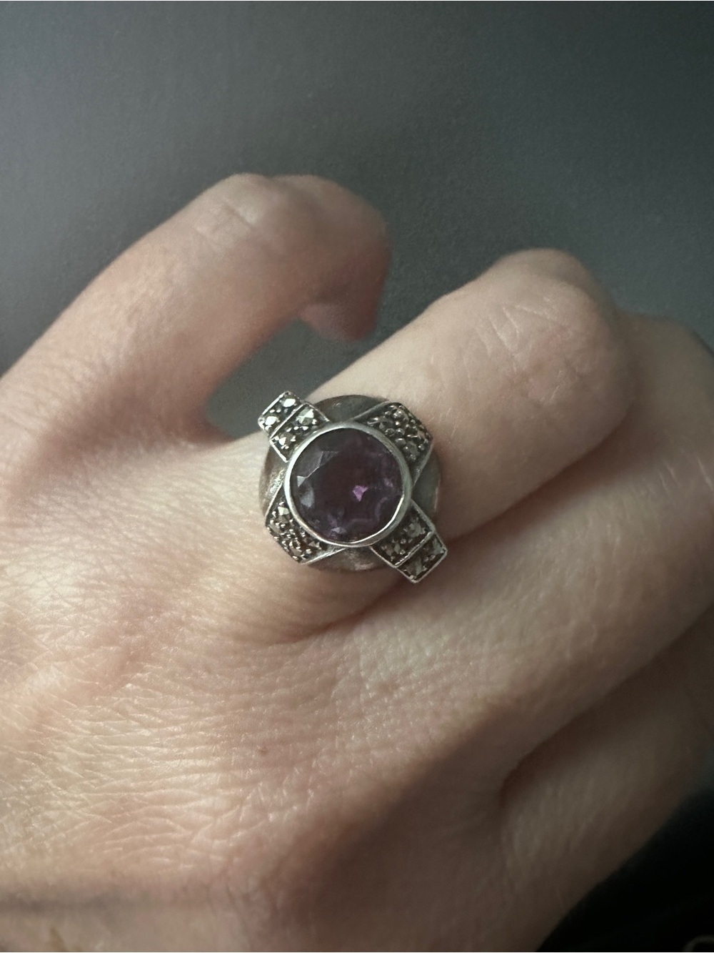 Vintage Sterling Silver Art Deco Style Marcasite Amethyst Ring Size 7